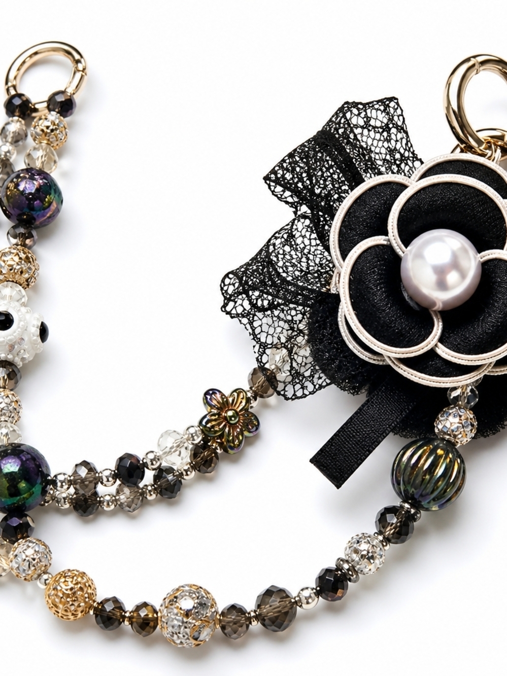 Black Flower Bag Charm | Pearl & Beaded Purse Chain Gold Accent